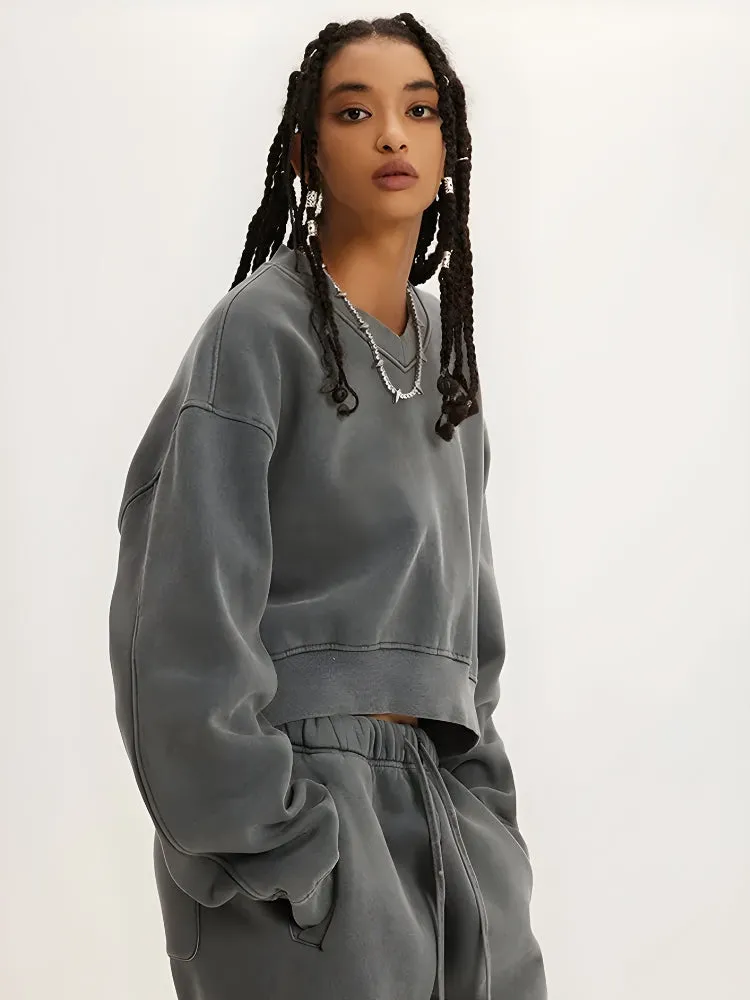 V-Neck Drop Shoulder Cropped Sweatshirt