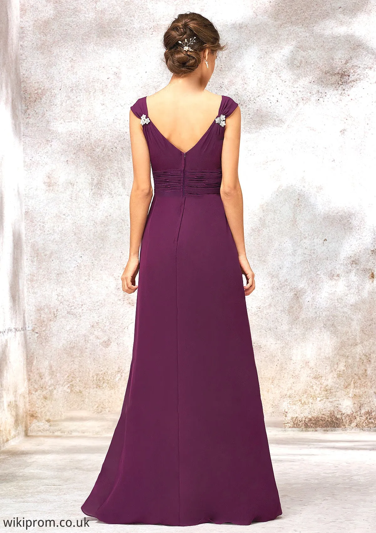 V Neck Sleeveless Long/Floor-Length Sheath/Column Chiffon Bridesmaid Dresses With Sashes Pleated Beading Bailee SWKP0025412