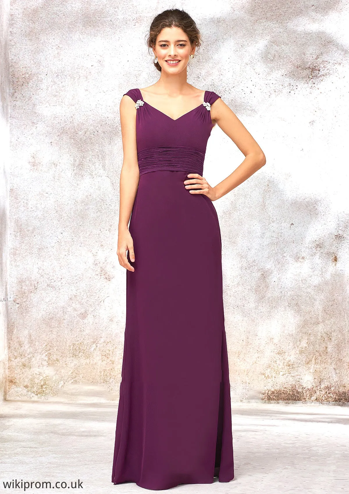 V Neck Sleeveless Long/Floor-Length Sheath/Column Chiffon Bridesmaid Dresses With Sashes Pleated Beading Bailee SWKP0025412