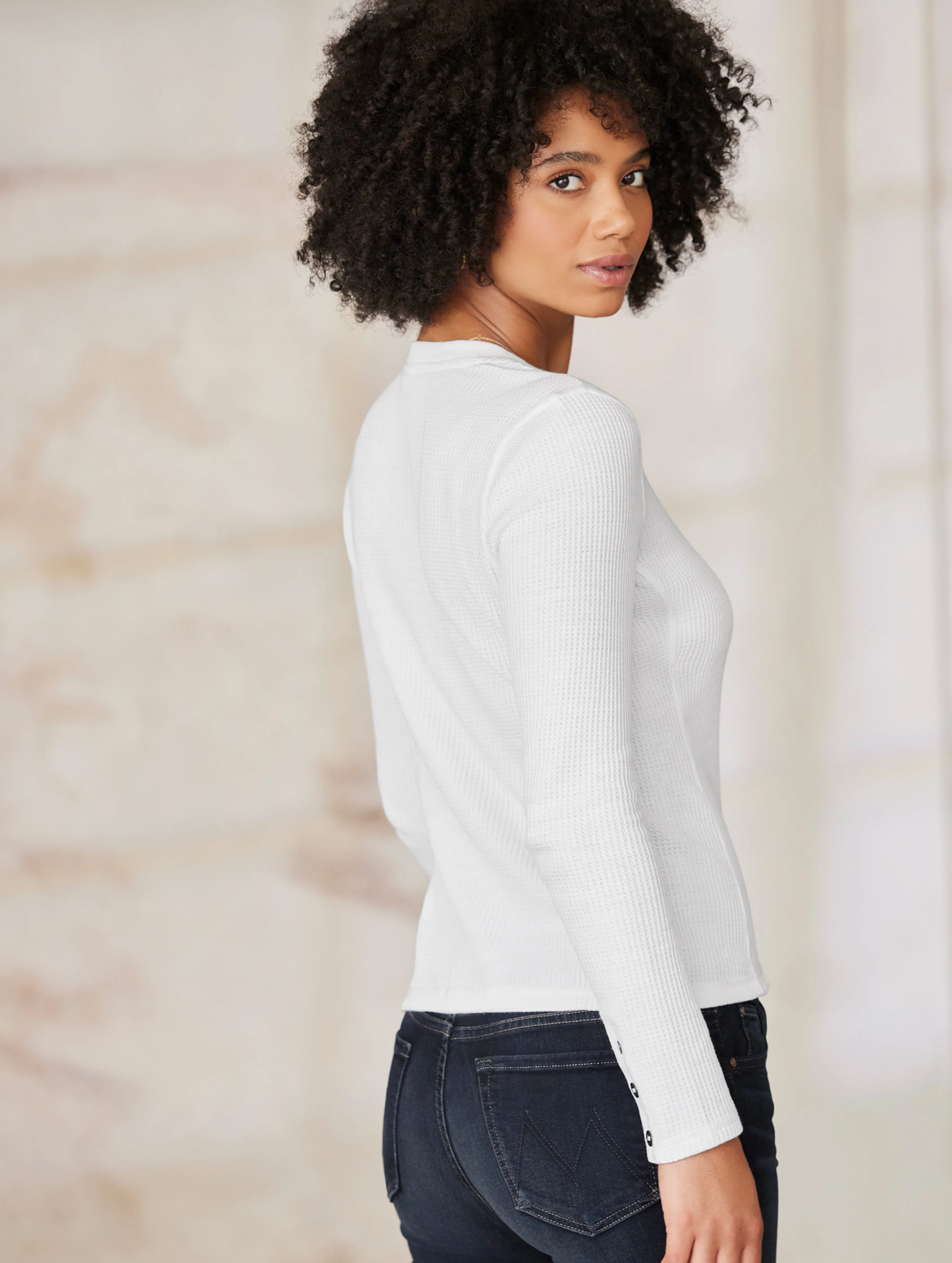 W Long-Sleeve Waffle Henley - White