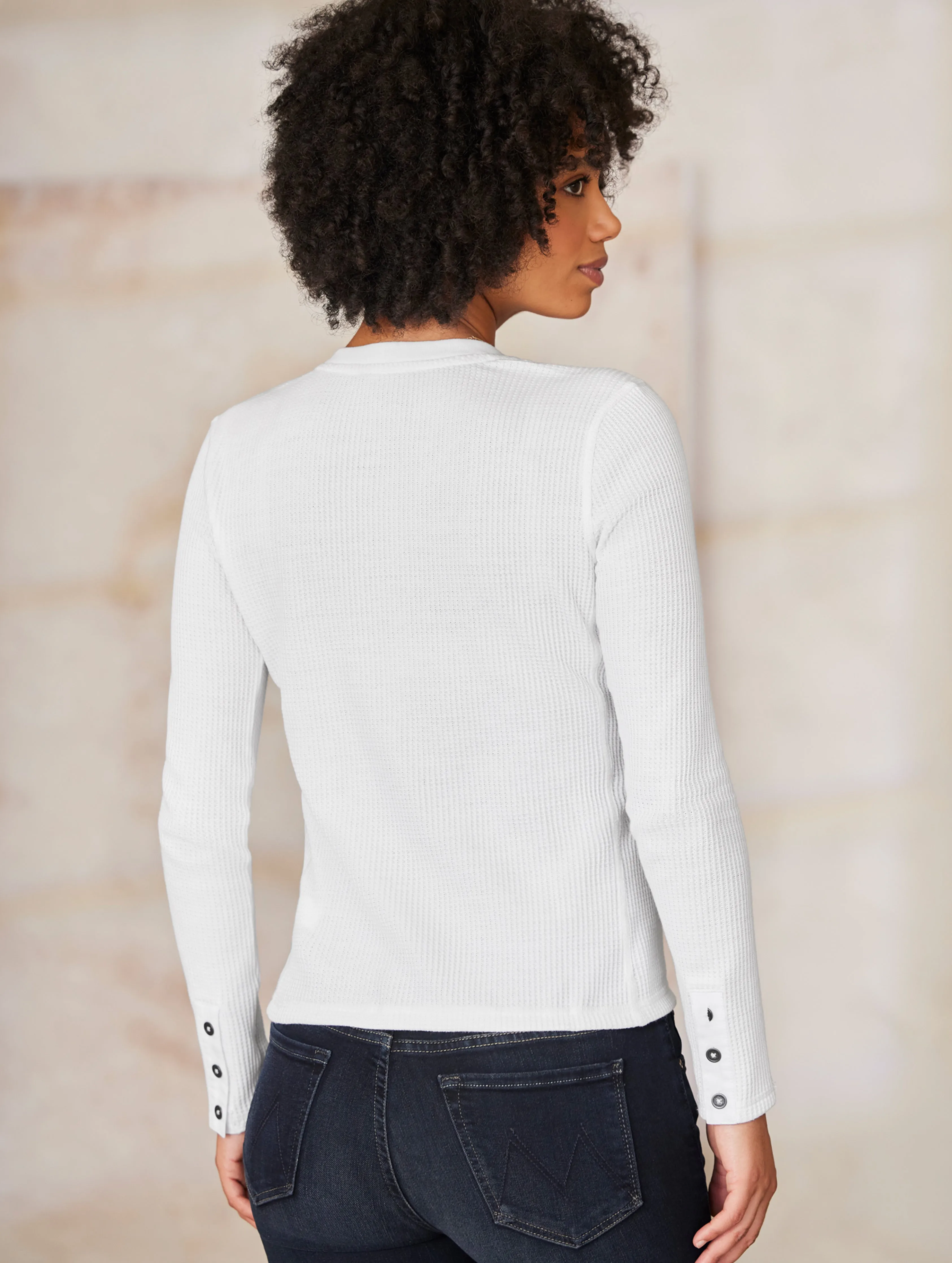 W Long-Sleeve Waffle Henley - White