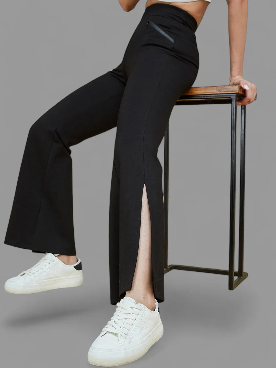 Women's Black Viscose Solid Side Slit Bootcut Regular Trouser Pants