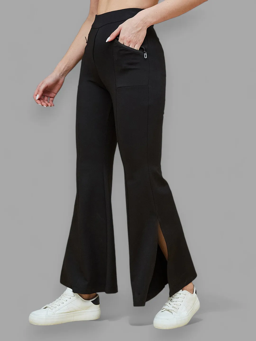 Women's Black Viscose Solid Side Slit Bootcut Regular Trouser Pants