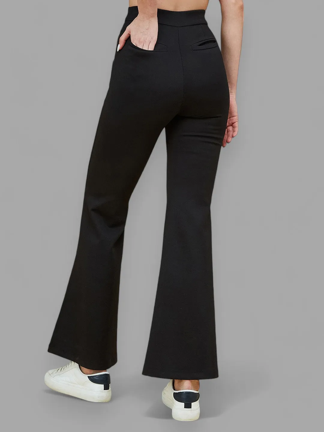 Women's Black Viscose Solid Side Slit Bootcut Regular Trouser Pants