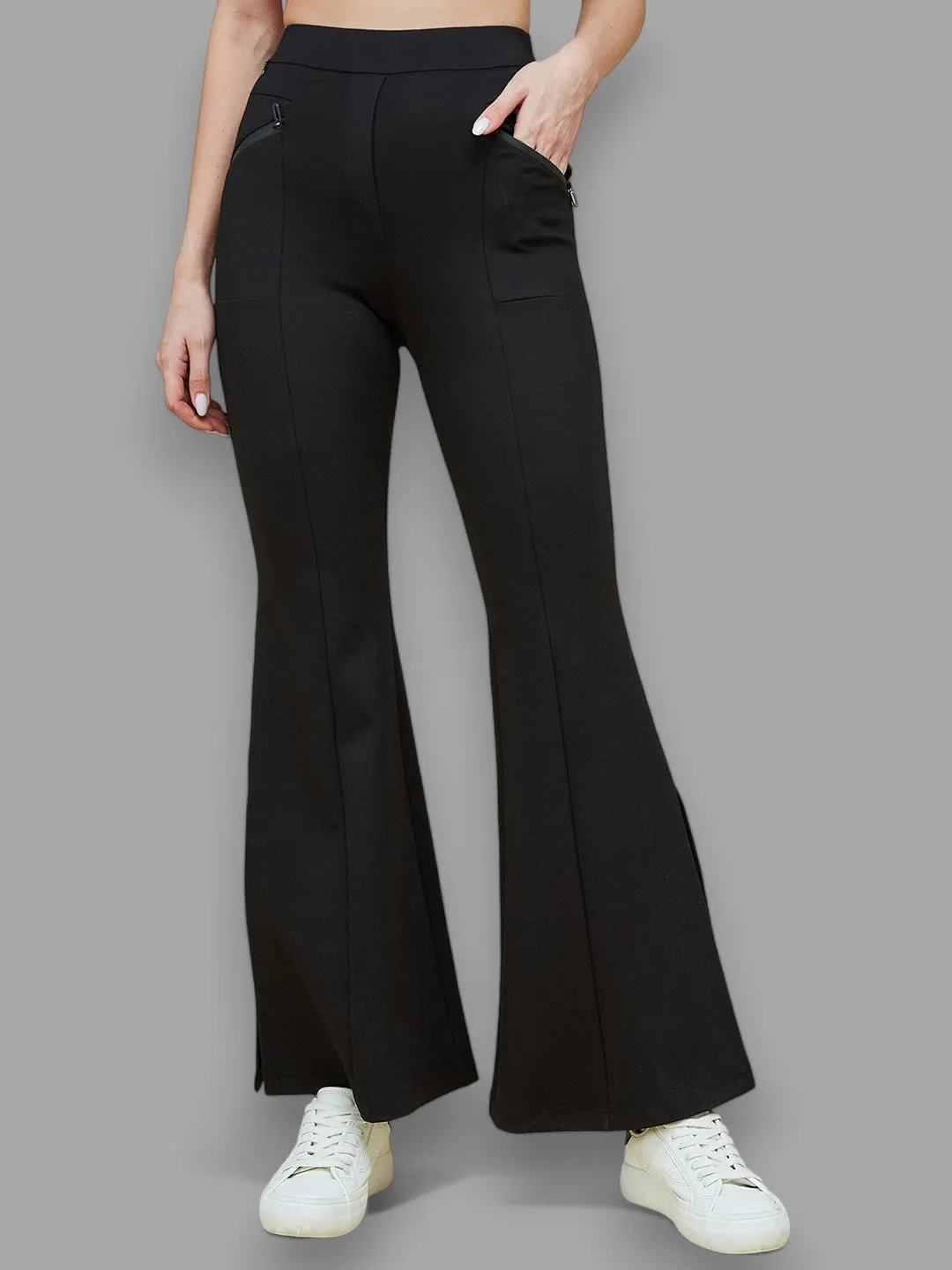 Women's Black Viscose Solid Side Slit Bootcut Regular Trouser Pants