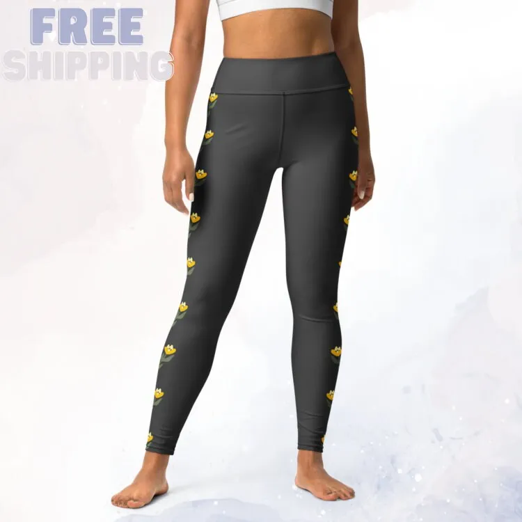 Yellow Flowers on Grey High Waist Leggings