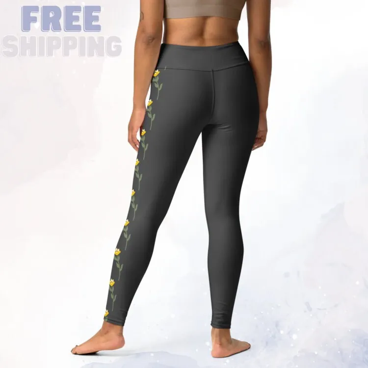 Yellow Flowers on Grey High Waist Leggings