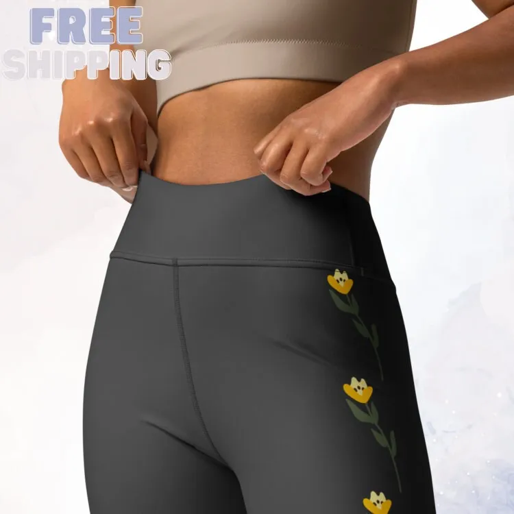 Yellow Flowers on Grey High Waist Leggings