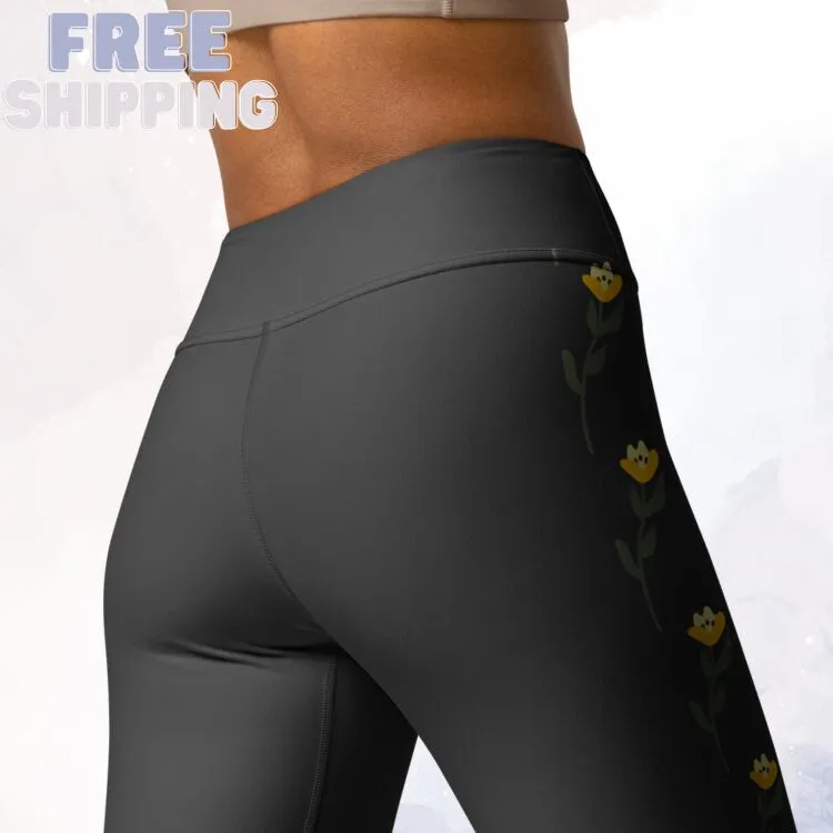 Yellow Flowers on Grey High Waist Leggings